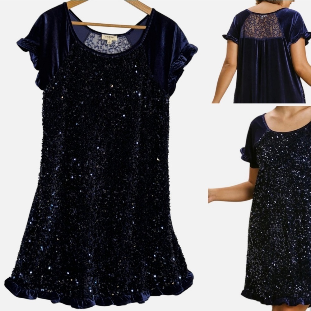 NEW Umgee Navy Velvet & Sequined Dress Sheer Lace Detail Ruffled Sleeve Hem Sm